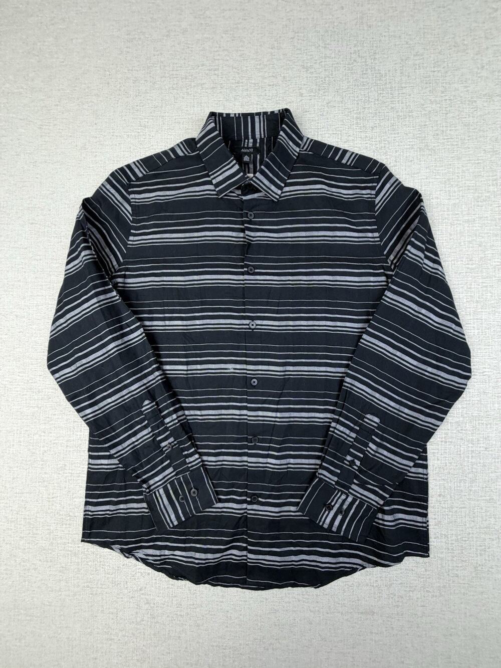 Alfani Men’s Large Button Down Shirt Black Gray Geometric Stripe Cotton NWT